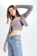 DEFACTO Slim Fit Checkered Pattern V Neck Crop Cardigan