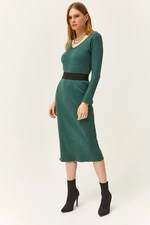 Olalook Women's Green Pool Neck Thick Ribbed Midi Dress