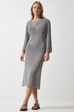 Happiness İstanbul Women's Gray Openwork Transparent Long Knitwear Dress