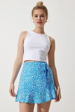 Happiness İstanbul Women's Blue White Floral Belted Summer Mini Viscose Shorts Skirt