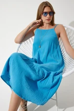 Happiness İstanbul Women's Blue Strappy Summer Loose Muslin Dress