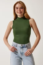 Happiness İstanbul Women's Dark Green High Neck Sleeveless Viscose Knitted Blouse