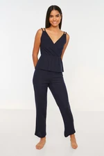 Trendyol Navy Blue Rope Strap Ribbed Knitted Pajama Set