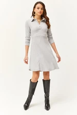 Olalook Women's Gray Polo Collar Buttoned Mini Flared Dress