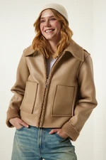 Happiness İstanbul Beige Für Collar Wide Pocket Faux Leather Jacket