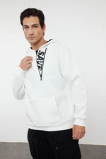 Trendyol Ecru Oversize/Wide Cut Zipper Inside Printed Polar Fleece Hooded Sweatshirt