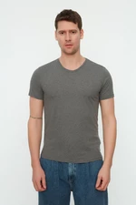 Trendyol Anthracite Basic Slim V-Neck Short Sleeved 100% Cotton T-Shirt