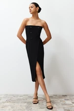 Trendyol Black Plain Buttoned Strapless Wrapped Stretchy Knitted Dress