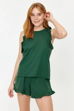 Trendyol Emerald Green 100% Cotton Ruffle Detail Undershirt-Shorts Knitted Pajamas Set