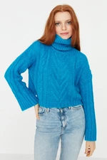 Trendyol Blue Crop Rolák pletený svetr