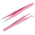 2PCS Straight+Bend Pink High Quality Stainless Steel Grafting Eyelash Tweezers