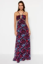 Trendyol Chiffon Print Evening Dress With Multicolored Lining Window/Cut Out Detailed