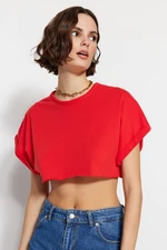 Trendyol Red 100% Cotton Super Crop Crew Neck Knitted T-Shirt