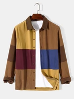 Mens Color Block Patchwork Lapel Corduroy Long Sleeve Shirts