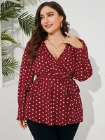 Plus Size Polka Dot Belt Design Ruffle Trim Long Sleeves Blouse