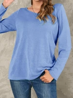 Women Solid Color Basic Designed Pleats V-Neck Long Sleeve Casual Blouses