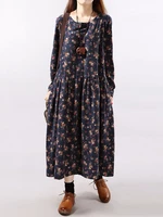 Women Floral Printed Pleated Long Sleeve Maxi Dresses