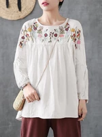 Women Casual Cotton Vintage Floral Embroidery Comfortable Blouse