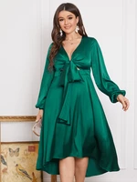 Plus Size V Neck Cut Out Tie-up Design Long Sleeves Dress