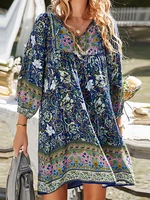 Bohemian Floral Print V-neck Dress For Women