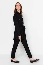 Trendyol Black Belted Linen Look Shirt-Pants Set