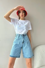 Trend Alaçatı Stili Women's Light Blue High Waist Wide Leg Bermuda Denim Shorts