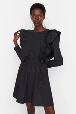 Trendyol Anthracite Belted Frilly Woven Dress