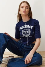 Trendyol Navy Blue 100% Cotton Slogan Printed Sewing Detailed Asymmetric Crop Knitted T-Shirt