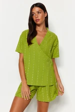 Trendyol Light Green Striped 100% Cotton Viscose Wide Pattern T-shirt-Shorts Woven Pajama Set