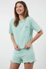 Trendyol Mint Cotton Printed T-shirt-Shorts Knitted Pajama Set