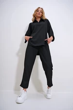 Trend Alaçatı Stili Women's Black Oversize Shirt Collar Blouse and High Waist Trousers Set