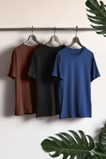Trendyol Black-Brown-Navy Blue Basic Slim 100% Cotton 3-Pack Short Sleeve T-Shirt