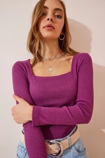 Happiness İstanbul Women's Light Plum Square Neck Corded Knitted Blouse