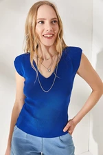 Olalook Women's Saxon Blue Shoulder And Skirt Detailed Front Back V-Knitwear Blouse