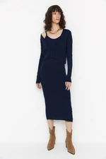 Trendyol Navy Blue Fitted Midi Knitwear Cardigan Dress Suit