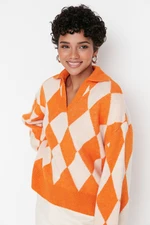 Trendyol Orange Wide Pattern Soft Textured Patterned/Jacquard Knitwear Sweater