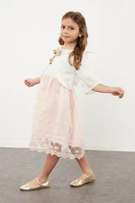 Trendyol Girl's Pink Bolero Floral Appliqued Stone Detailed Woven Set Dress