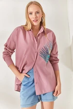 Olalook Pale Pink Palm Sequin Detailed Oversize Woven Poplin Shirt