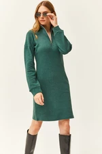 Olalook Women's Green High Collar Zippered Casual Dress