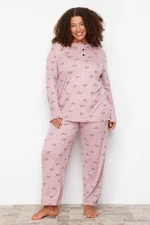 Trendyol Curve Pink Buttoned Floral Pattern Knitted Pajamas Set