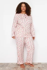 Trendyol Curve Pink Buttoned Floral Pattern Knitted Pajamas Set