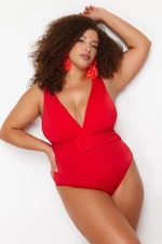 Trendyol Curve Red Deep V Belted Swimsuit with Recovery Effect