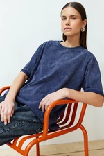 Trendyol Navy Blue Faded Effect 100% Cotton Premium Oversize/Wide Knit T-Shirt