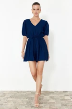 Trendyol Navy Blue Elastic Waist V-Neck Linen Look Mini Woven Jumpsuit