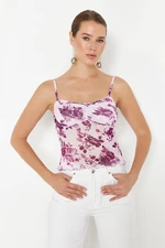 Trendyol Pink Floral Printed Special Textured V-neck Strap Stretch Knitted Blouse