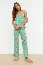 Trendyol Green Koala Patterned Ruffled Rope Strap Viscose Woven Pajama Set