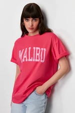 Trendyol Pink 100% Cotton City Motto Printed Oversize/Casual Fit Knitted T-Shirt