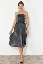 Trendyol Anthracite A-Cut Pleated Shiny Stylish Evening Dress