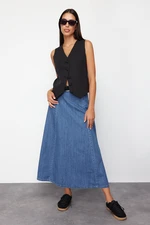 Trendyol Dark Blue High Waist Midi Modest Denim Skirt