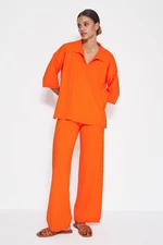 Trendyol Orange Basic Corded Knitwear Top and Bottom Set